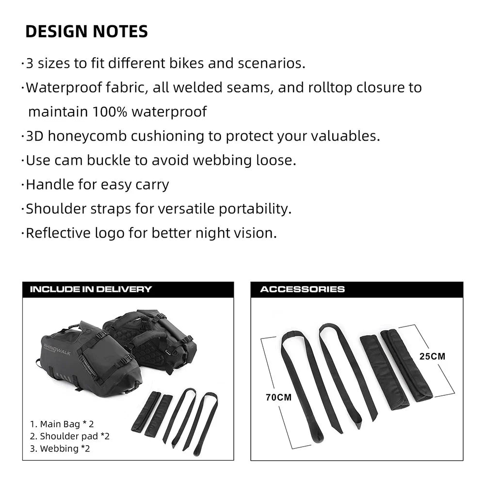 Rhinowalk 18L Rack less Pannier Saddle Soft Bags for Motorcycle Bike Outdoor Adventure Waterproof Side Motorbike Drypack (Pair-Set) (MT1418)